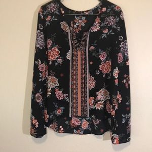 My Michele peasant blouse black floral tie front